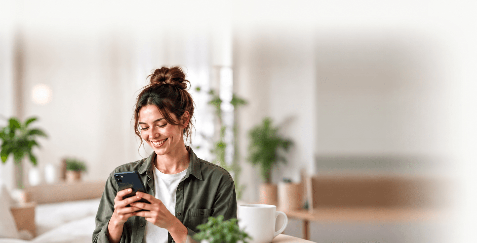 Smilende kvinde, der shopper på sin mobil
