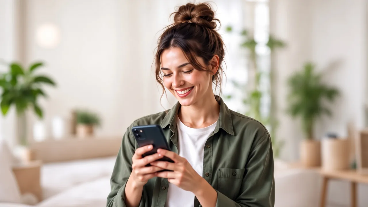 Smilende kvinde, der shopper på sin mobil